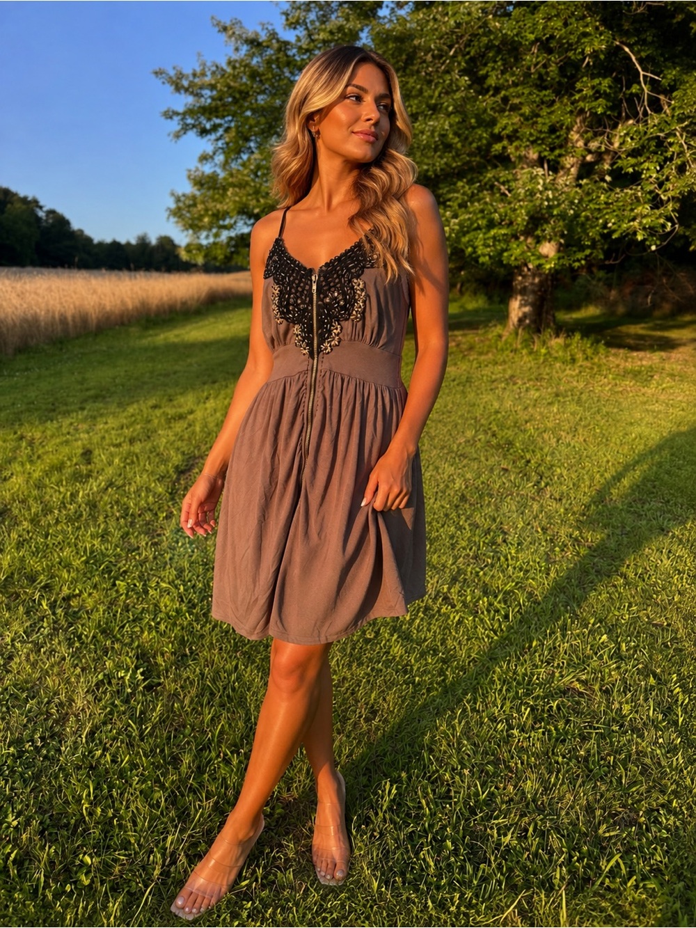 Taupe Midi Dress with Black Lace Accents